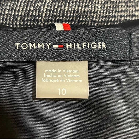 TOMMY HILFIGER Womens 10 Navy Blue Tweed Linen Look Jacket Blazer Lapel Logo Pin - Picture 8 of 16